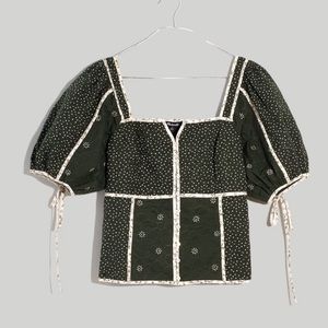 Madewell Patchwork Puff-Sleeve Top in Dark Forest (Size 12)